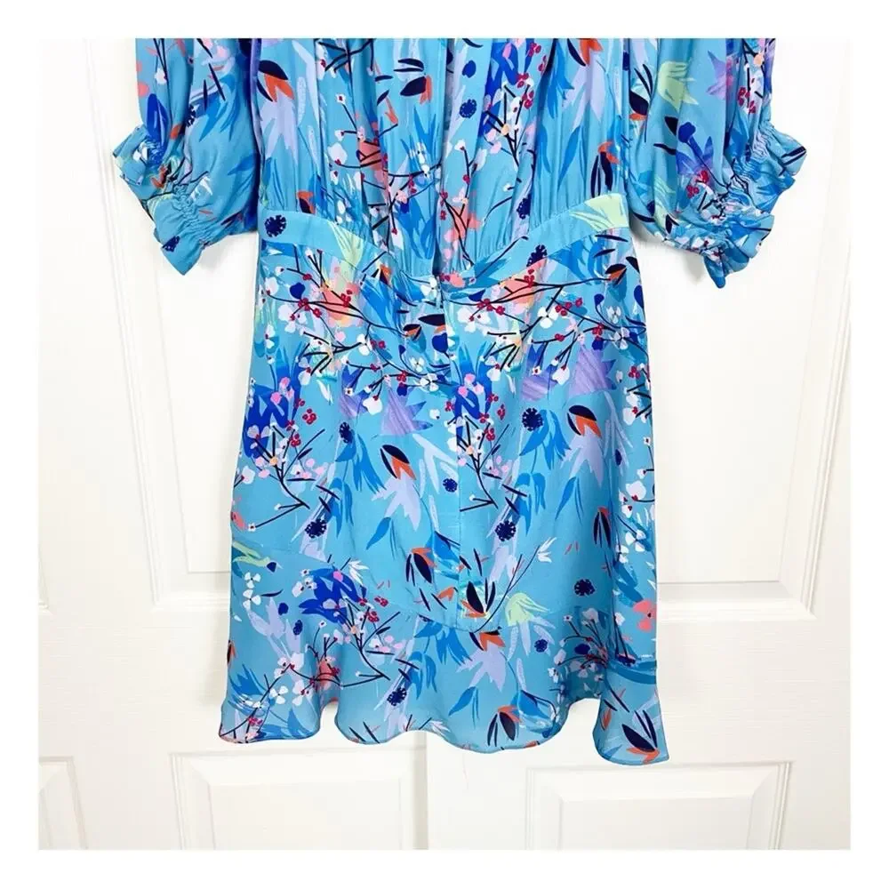 Saloni Grace Floral Blue Bell Off Shoulder Silk Dress Lined
